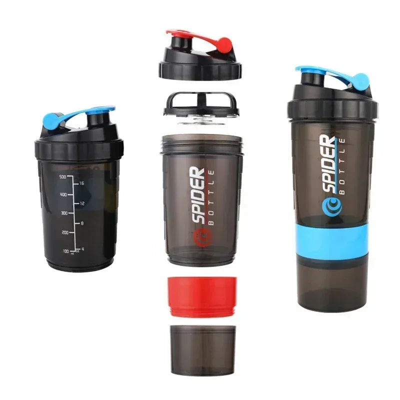 3 Layer Shaker Bottle Protein Mixing Shake Cup Sports Fitness Water Cup 550ml Scaled Plastic Water Bottles with Medicine Box.