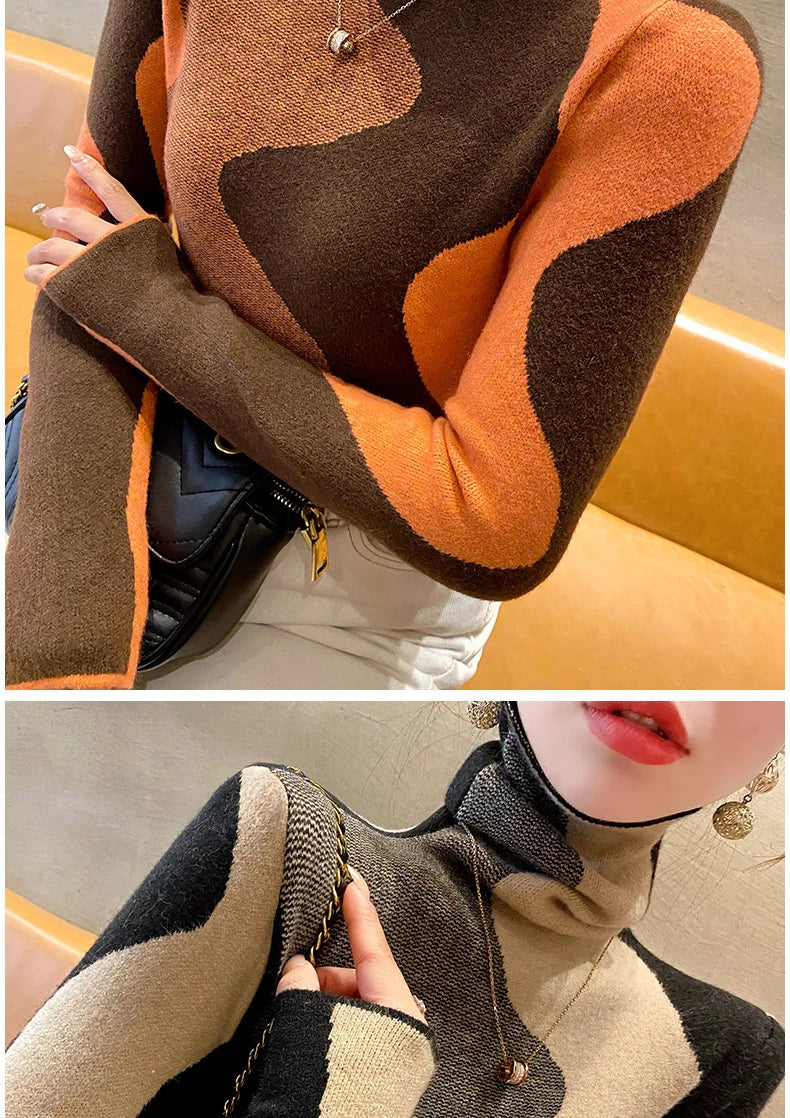 Women Clothing Vintage Fashion Slim Turtleneck Sweaters Autumn Winter Elegant Chic Patchwork Knit Pullovers Office Lady Tops.
