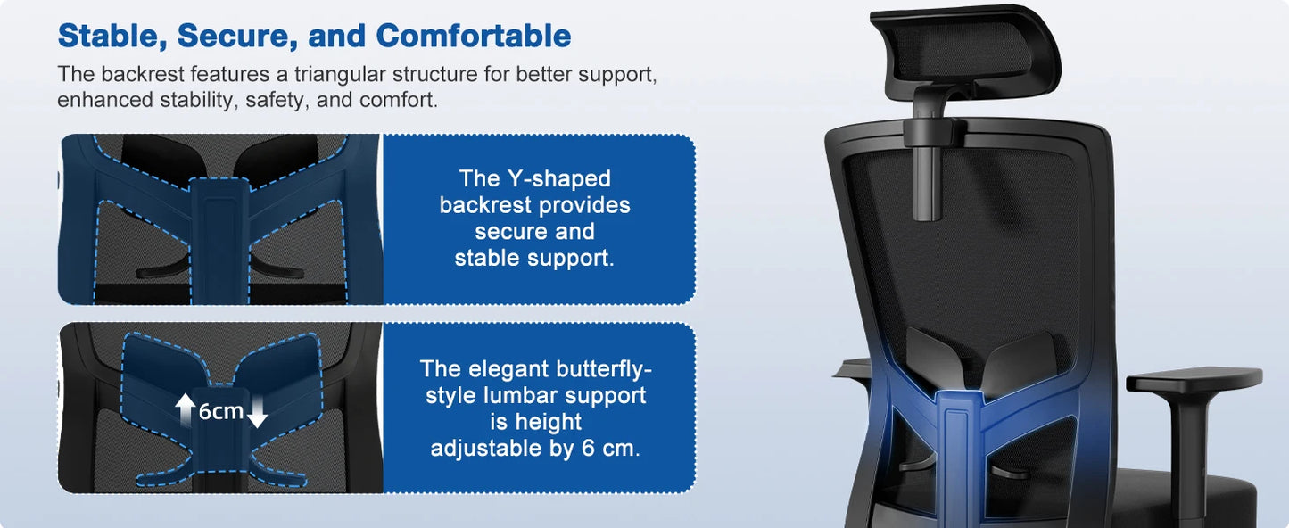 AUTHMIC Ergonomischer Bürostuhl, Netzrückenlehne, verstellbare Armlehnen, Lordosenstütze, drehbarer Schreibtischstuhl für das Heimbüro