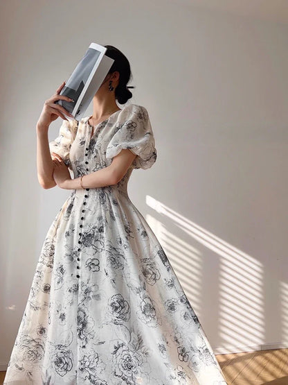 Büro Dame elegante Blumen Midi Kleid formelle einteilige Kleid koreanische Party Strand Langarm Freizeit kleid Frau 2024 Sommer Chic.