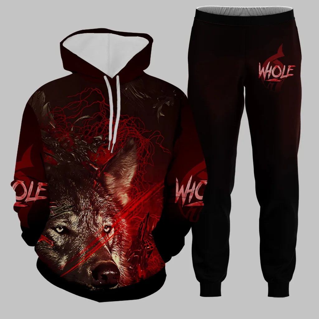 Men's Hoodie Set Funny 3D Wolf Print Hoodies Pants Sports Suit Autumn Winter Casual Sweatshirts 2 Piece Outfit Fashion Tracksuit.