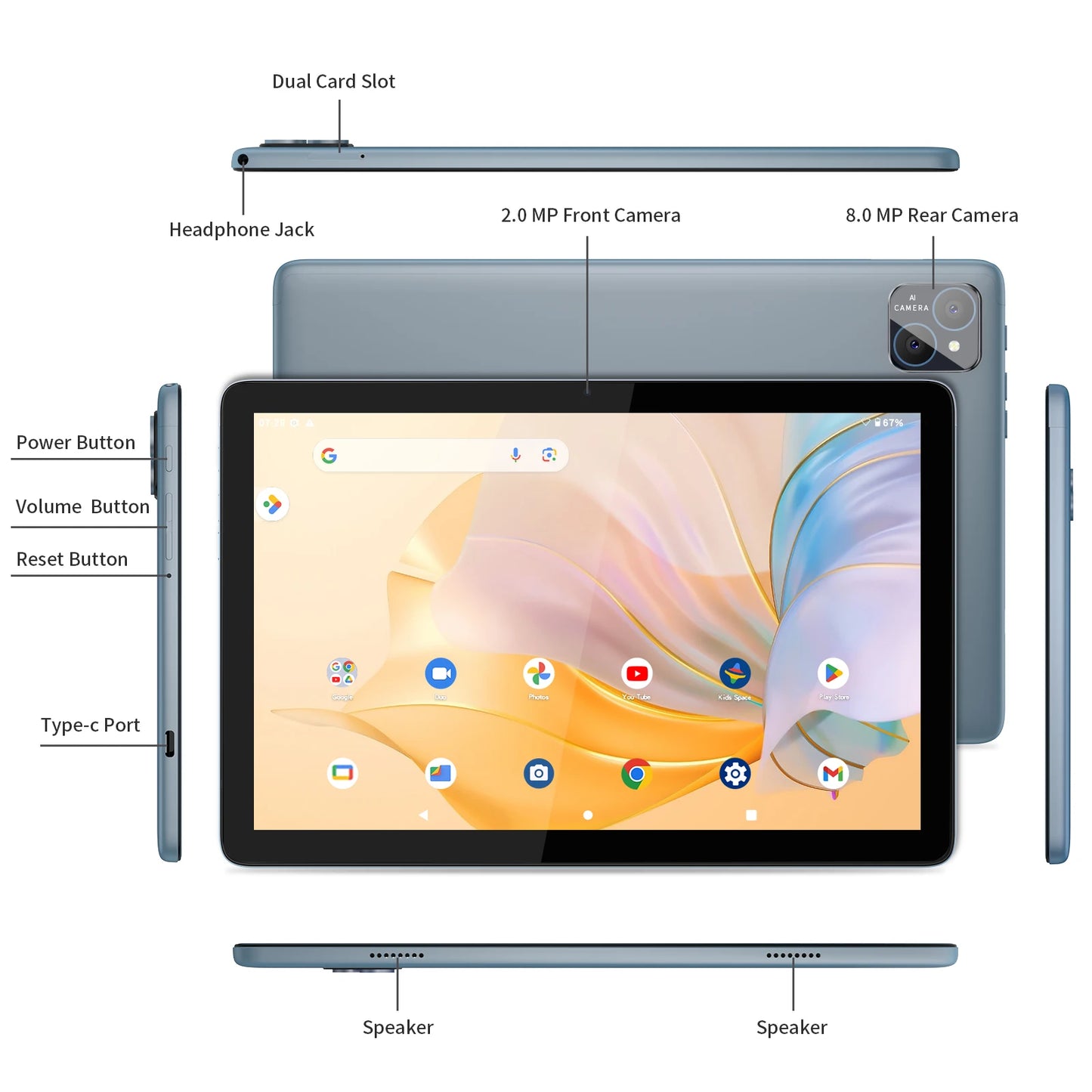 PRITOM Android 14 Tablet 10.1 Inch, 8GB(4+4 Expand) RAM + 128GB ROM, Octa Core, 5G WiFi, with Keyboard, Mouse, Case.