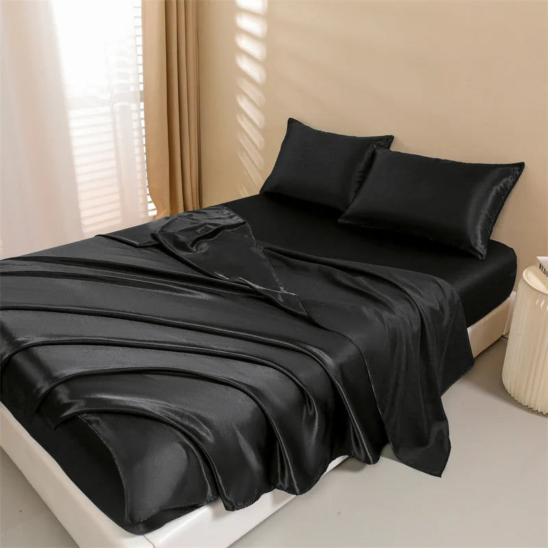 Satin Bed Sheets, Queen Size Sheets Set, 4 Pcs Silky Bedding Set   1 Deep Pocket Fitted Sheet + 1 Flat Sheet + 2 Pillowcases.