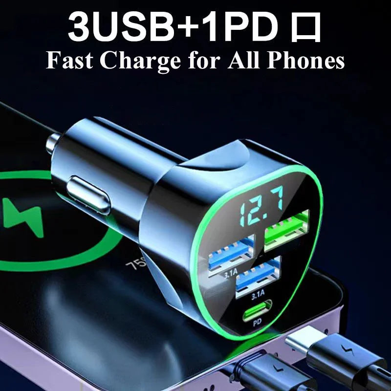 UYUXIO USB C Car Phone Charger Super Fast Charge in Car with LED Voltage Display for iPhone Samsung Huawei Oneplus Android Phone.