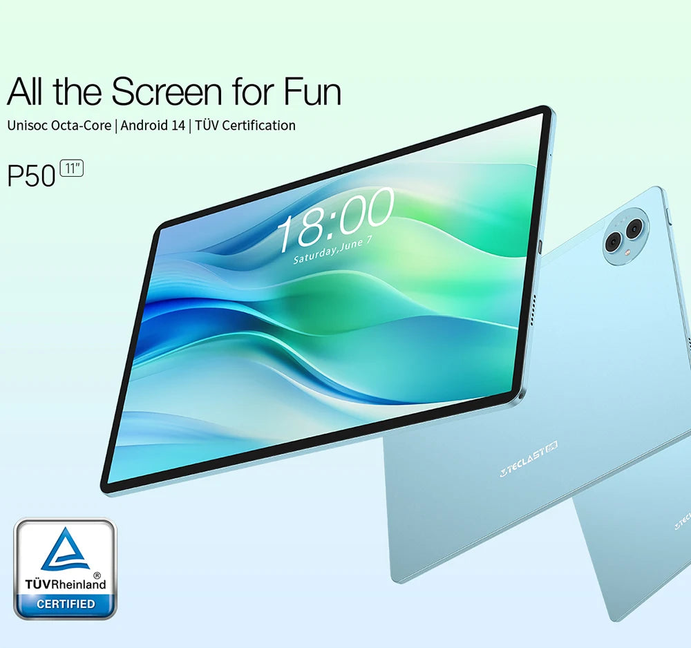 Teclast P50 Android 14 Tablet 11" IPS Max 14GB RAM 128GB ROM Unisoc T606 8-core 13MP Camera 8000mAh Type-C 4G LTE TÜV Rheinland.