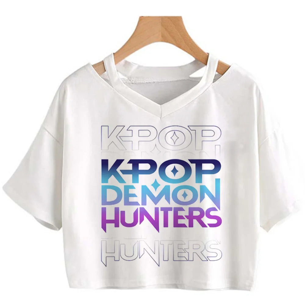 Kpop Demon Hunters Girls O-Neck Casual Women Summer Shirts Crop T-shirt.