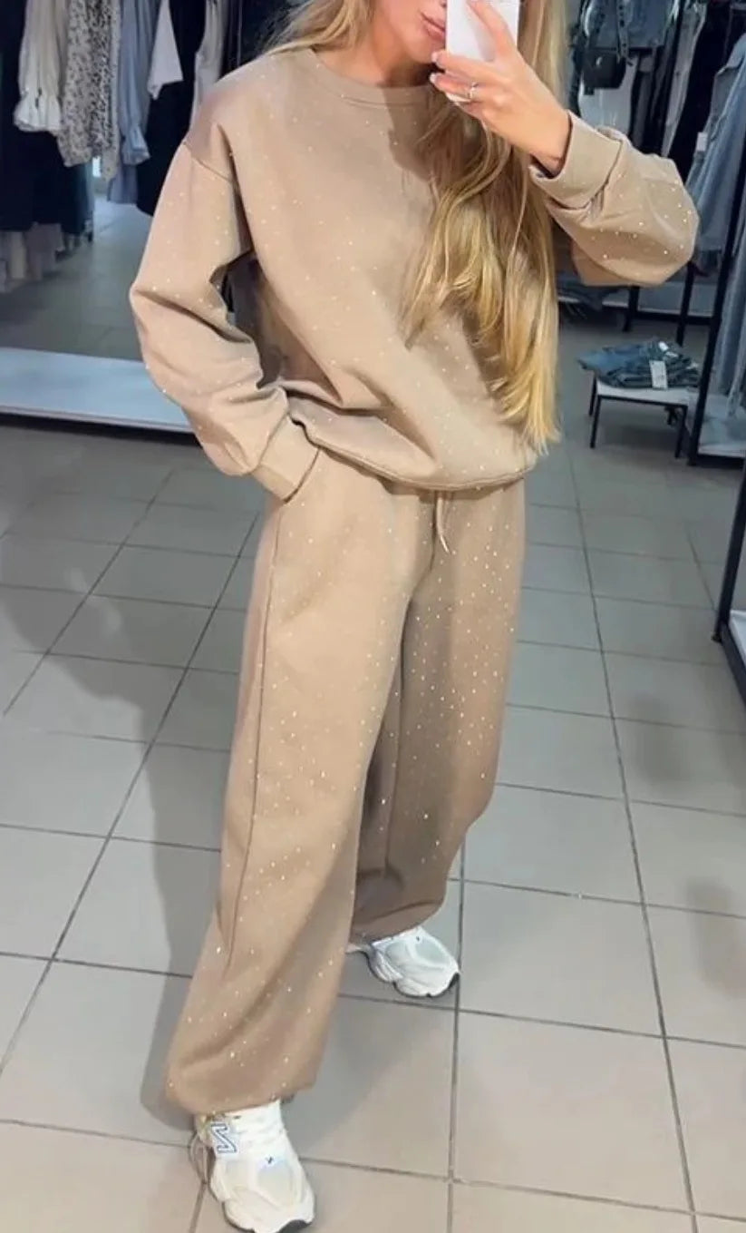 Fall Winter Rhinestone Shiny Loose Fit Set Women O Neck Sweatshirt Pullover Tie-up Pants Tracksuit Retro Loose Sport 2 Pice Set.