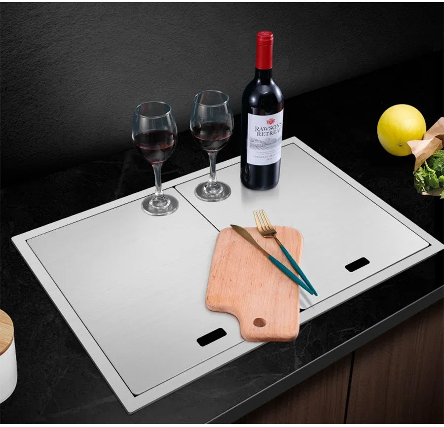 Nanometer Double Cover Hidden Kitchen Sink 304 Stainless Steel 3 Holes Handmade Single Large Size Kitchen Hidden Sinks