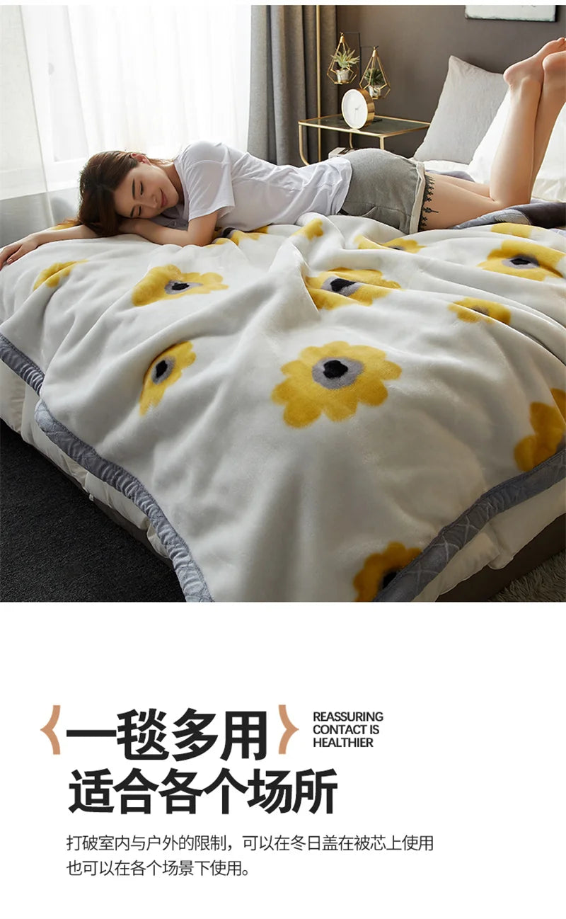Double Sided Printed Autumn Winter Blankets for Bed Soft Warm Encrypted Flocking Raschel Blanket Skin Friendly Weighted Blanket.