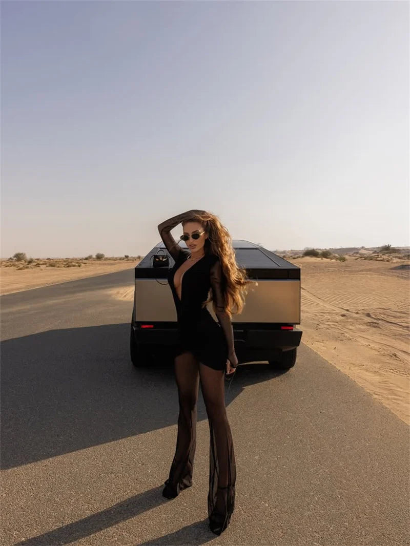 Mozision Deep V Neck Long Sleeve Sexy Jumpsuits Women Autumn Winter Patchwork See Through Ruched Club Party Jumpsuit Female