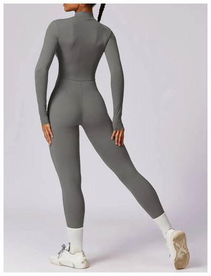 Zipper Sensation Long Sleeve Yoga Suit High Intensity Fitness Sports Bodysuit Tight Fit Clothing 8306 One Piece Suit.