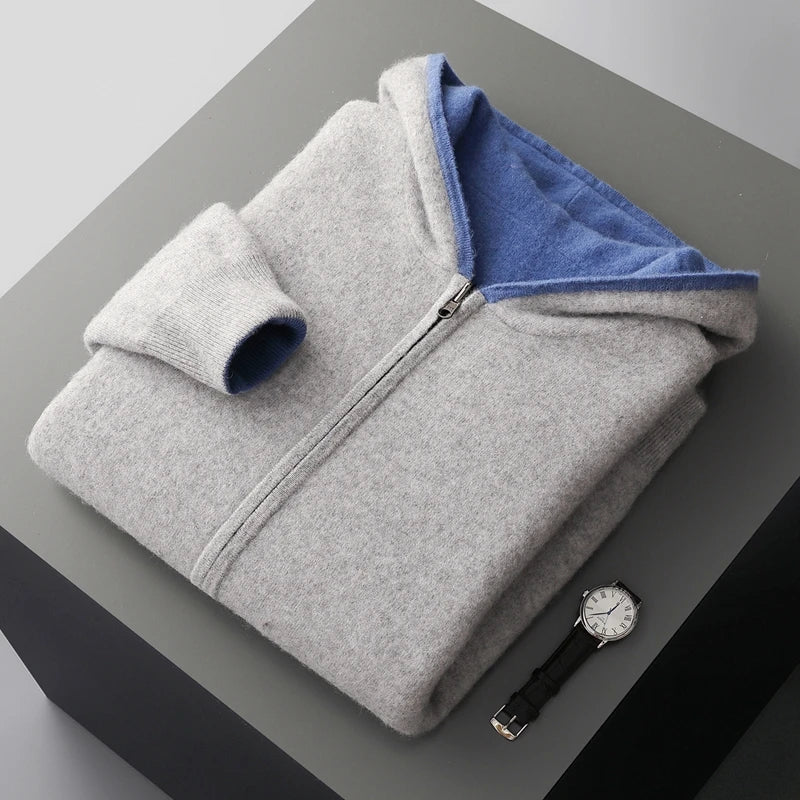 Autumn Winter Pure Cashmere Sweater Double-sided Cardigan Men's Casual Zipper Thickened Cashmere Knitted Hooded Sweater Coat