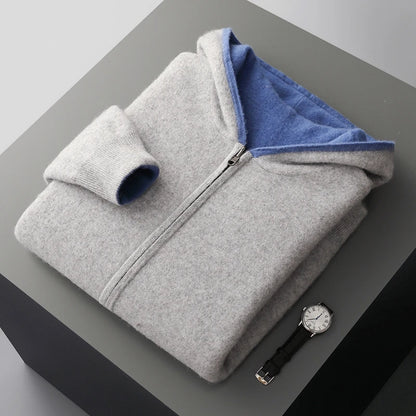 Autumn Winter Pure Cashmere Sweater Double-sided Cardigan Men's Casual Zipper Thickened Cashmere Knitted Hooded Sweater Coat