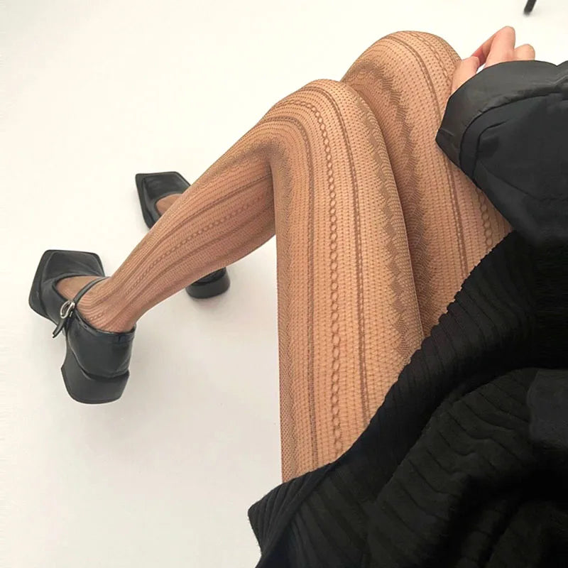 Female Vintage Fishnet Lace Pattern Tights Hollowed Rhombus Striped Geometric Jacquard Pantyhose Anti-pilling JK woman Legging