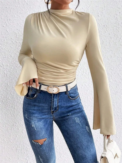 Fashion Pleated T-Shirt Women Solid Color Slim Shirt Autumn Flare Sleeve Stand Collar Pullover Tops Female Commuter Casual  Tees.
