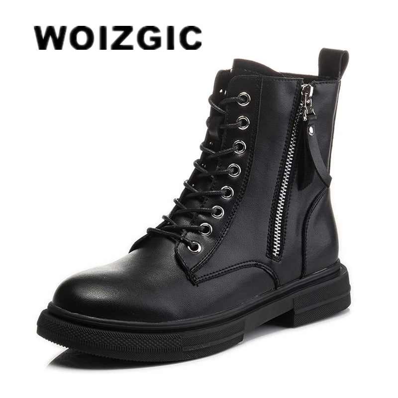 WOIZGIC Women's Ladies Genuine Leather Female Shoes Ankle Boots Platform Lace Up Warm Winter Autumn Fur Plush Motorcycle.