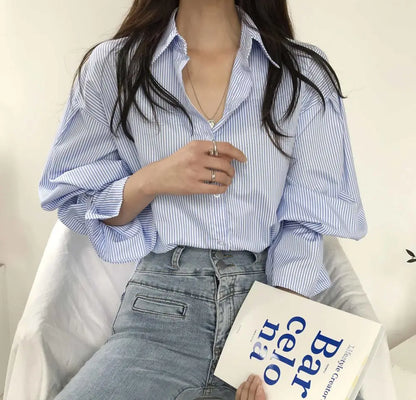 oose Stripe Women Shirts 2025 Fashion Lapel Collar Long Sleeve Shirt Elegant Classic Top.