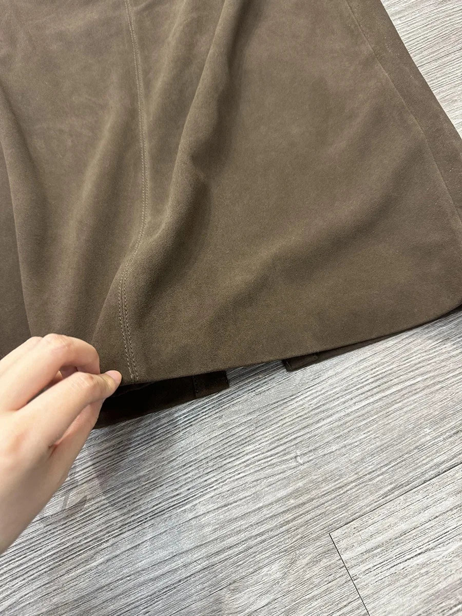 Retro High Grade Suede Real Leather Long Skirt 80cm For Women Upgraded Imported  Jupe Back Split Waist Loop Faldas Ankle-Length.