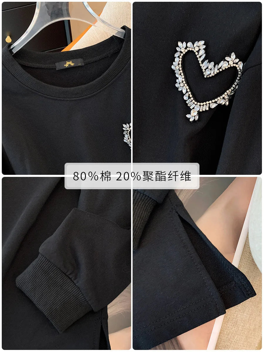 150 kg Übergröße Damen Büste 155 Frühling Herbst Lose Sweatshirt mit hellem Diamantherz Schwarz 5XL 6XL 7XL 8XL 9XL.