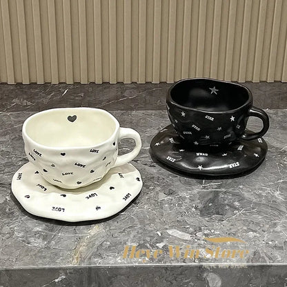 240ml Irregular Ceramic Coffee Cup and Saucer High Appearance Level Afternoon Teacup Office Home Milk Cup Water Cups for Couples.