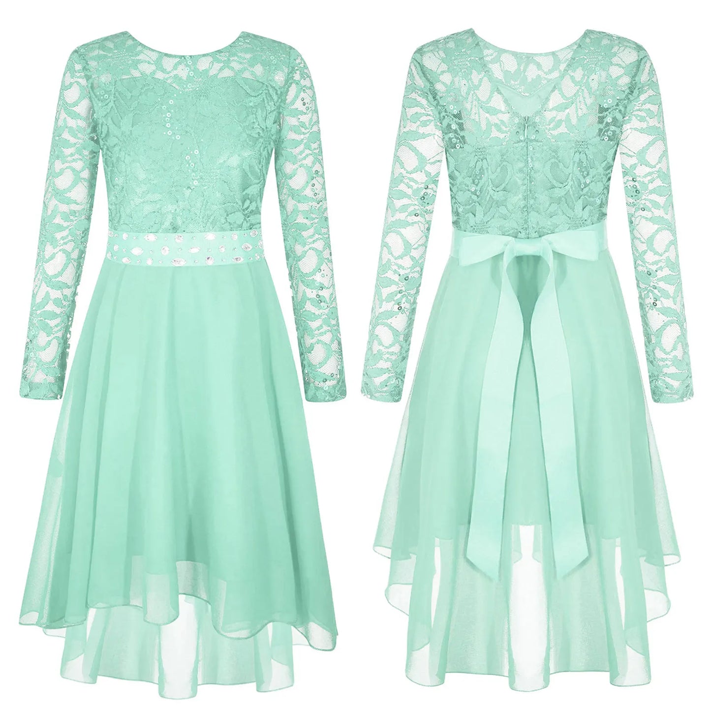 Elegantes Spitzen-Partykleid für Kinder, Mädchen, Chiffon, Spleißen, langärmelig, Kleid mit hohem und niedrigem Saum und Strass-Schärpe für Hochzeit, Geburtstag