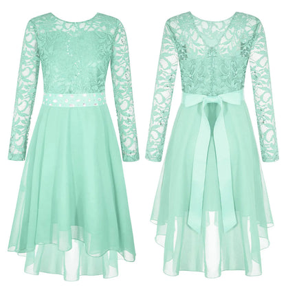 Elegantes Spitzen-Partykleid für Kinder, Mädchen, Chiffon, Spleißen, langärmelig, Kleid mit hohem und niedrigem Saum und Strass-Schärpe für Hochzeit, Geburtstag