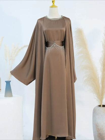 Ramadan Muslim Women 2 Piece Set with Chain Party Dresses Abaya Eid Jalabiya Sashes Diamond Morocco Dubai Kaftan Cardigan Robe.