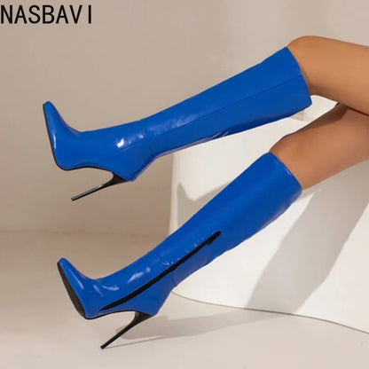 NASBAVI Women's Knee High Boots Sexy Red Blue Black Heeled Long Boot Female Large Size 48 Autumn Winter Party Shoes Ladies.