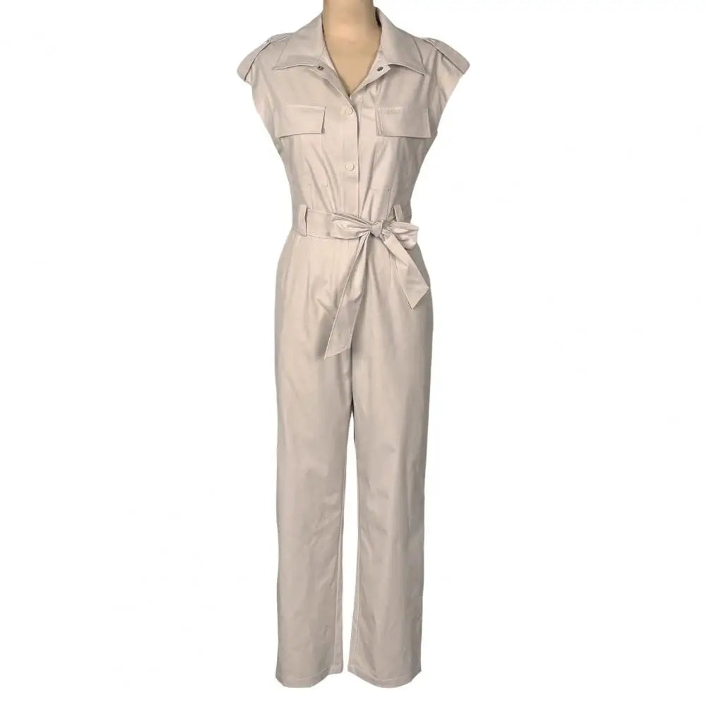 Elegant Women Jumpsuit Lapel Sleeveless Belt Design Romper with Pockets Solid Color Wide Leg Pants Versatile Jumpsuit.
