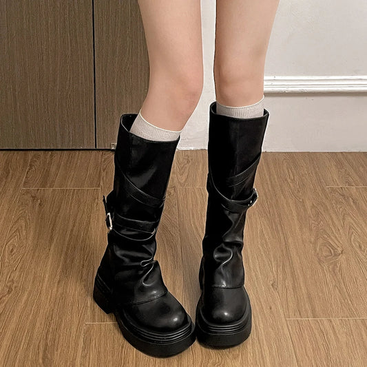 Vintage Thick Heel Women Knight Long Boots Fashion Slip On Knee High Booties Autumn Winter Shoes Zapatos De Mujer.