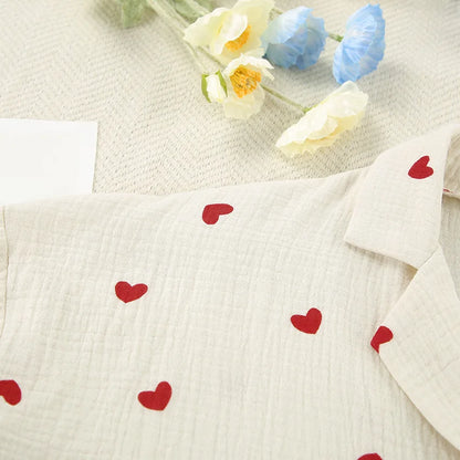 2-Piece Muslin Pajamas Set for Women 100% Cotton Love Printed Comfortable Long-Sleeved Tops Pajamas Home Wear Sleep Autumn Cloth.