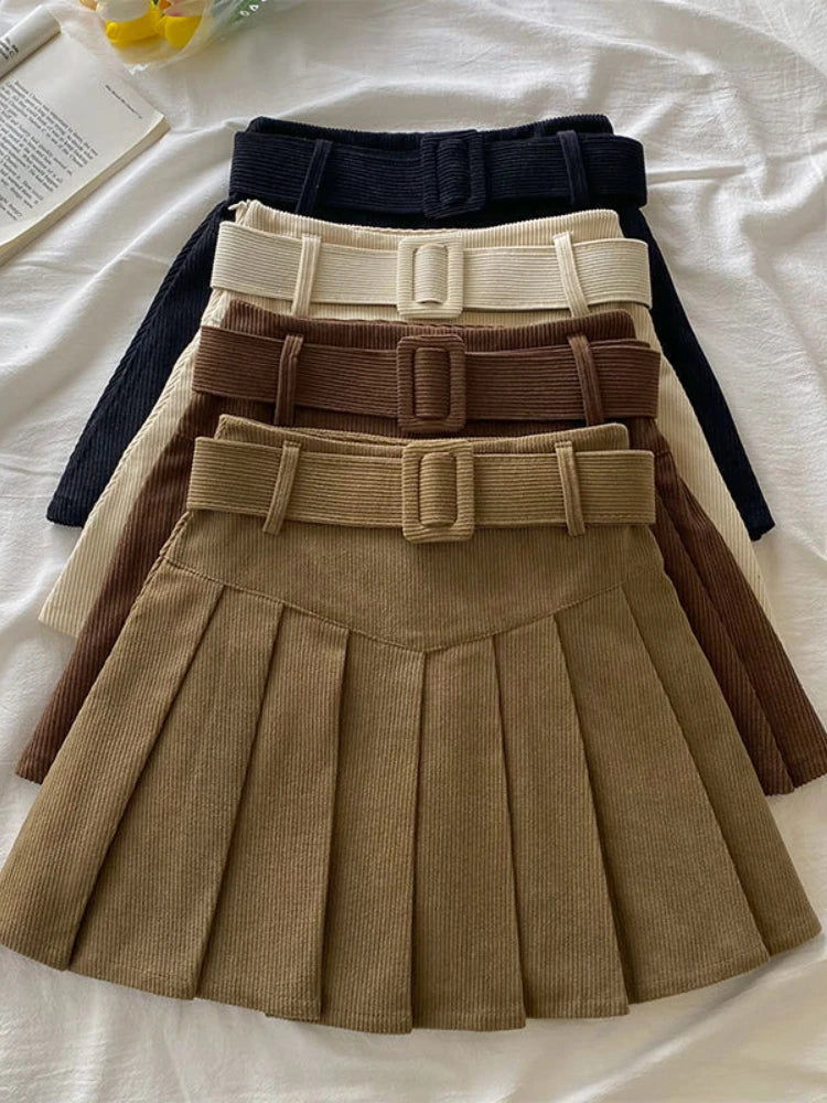 Pleated Mini Skirts Women Japan Students Corduroy Preppy Style Autumn Winter Basic Solid Bottoms Chic Vintage JK Slim All-match.