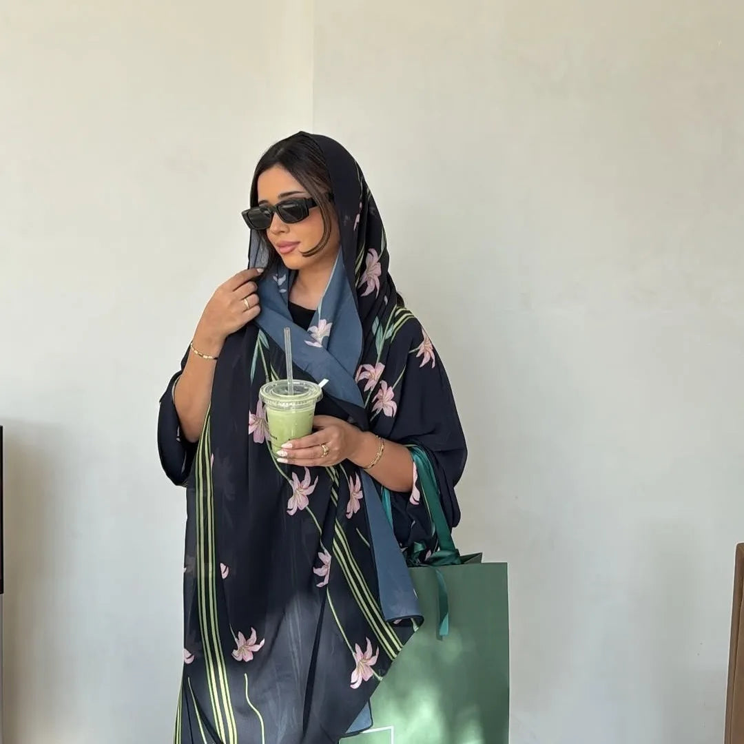 Uni Islamic Clothing Modest Abaya Women Muslim Dress Front Open Printed Abaya 2025 With Hijab Scarf Two Piece Set for Summer.