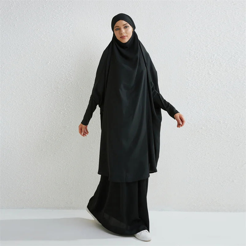 Muslim Sets Two Pieces Prayer Clothing Long Hooded Smocking Sleeve Shirts Hijab Loose Maxi Skirts Elastic Waist Women Abaya Sets.