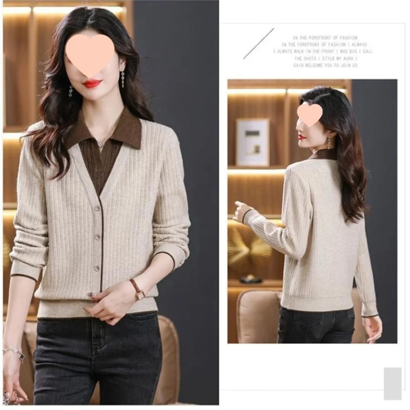 Gestrickte Frauen Top Lange Ärmeln Faux Zwei-Stück Pullover Frühling Herbst drehen-unten Kragen Modische Stilvolle Pullover Basis schicht Top.