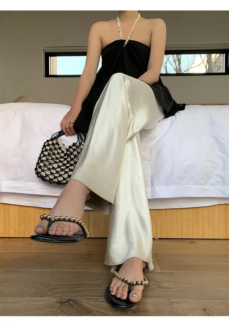 Satin Wide Leg Pants Long Floor Casual Pants Women's Summer.