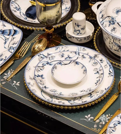 Blue Peacock Bone China Dining Plate Blue and White Kitchen Tableware Flower Ceramic Tableware Home Dining Bar Main Course Plate.