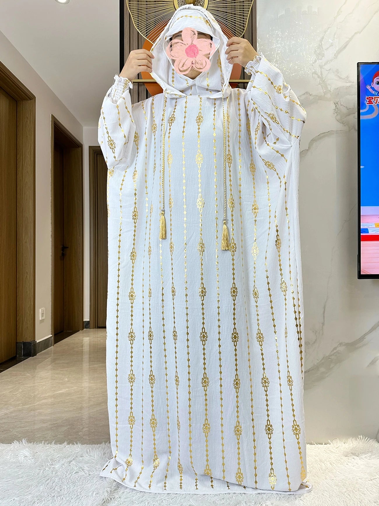 High Grade Cotton Fabric Ramadan Muslim Two-Hat Abaya Dubai Turkey Islam Prayer Clothes Gold Dust Dress Islam Women Dress Kaftan.