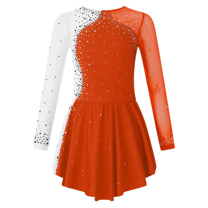 6-16Y Mädchen Eiskunstlauf Tanz Kleid Ballett Gymnastik Trikot Langarm Shiny Strass Sheer Mesh Leistung Dancewear
