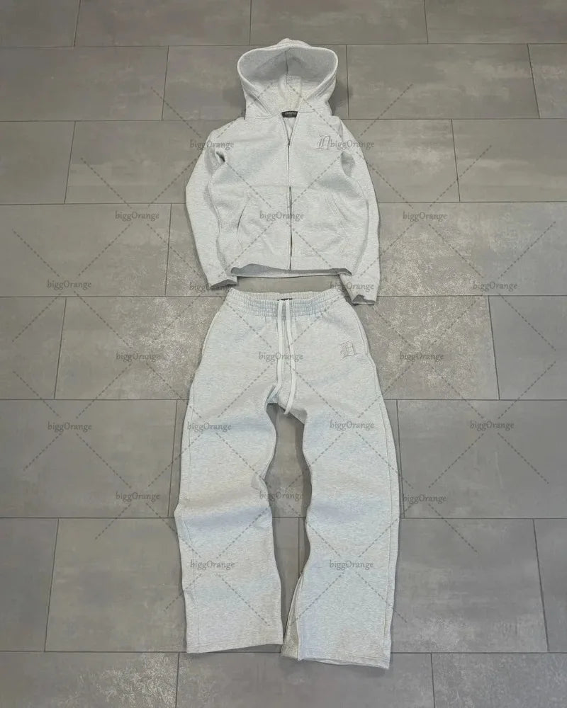 Europäischen und Amerikanischen Retro Männer Anzug Brief Gestickte Zipper Hoodie Frauen Modische Casual Lose Grau Gerade Hosen.