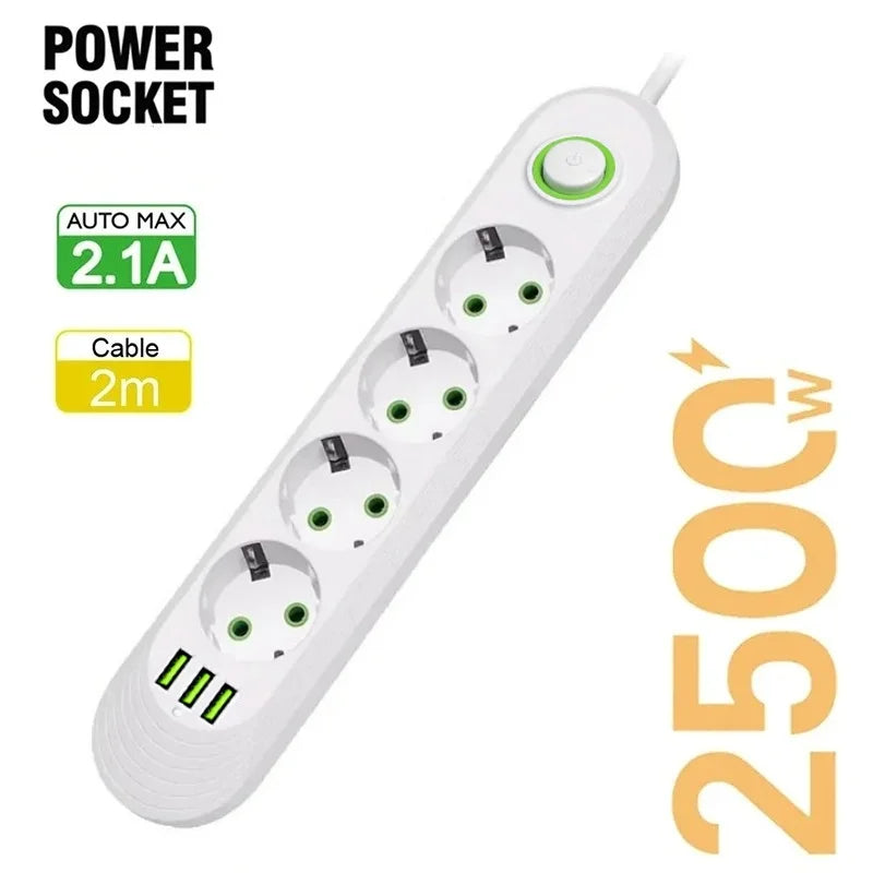 EU-Stecker, 2500 W, Steckdosenleiste mit 3 USB-Anschlüssen, Verlängerungskabel, Steckdose, Verlängerungskabel, runder Stift, AC-Steckdose, elektrischer Ladeadapter.