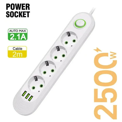 EU-Stecker, 2500 W, Steckdosenleiste mit 3 USB-Anschlüssen, Verlängerungskabel, Steckdose, Verlängerungskabel, runder Stift, AC-Steckdose, elektrischer Ladeadapter.