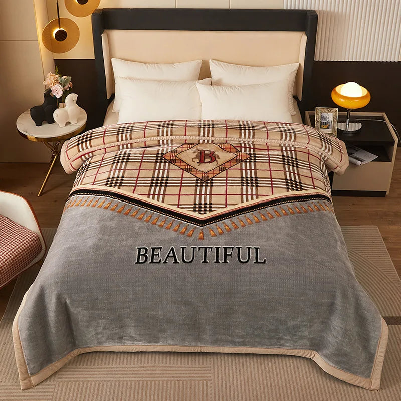 4.5kg Home Thicken Quilt Comforters Winter Warm Raschel Plush Blanket Print Throw Double Layer Fluffy Soft Quilt 200x230cm 이불 이불