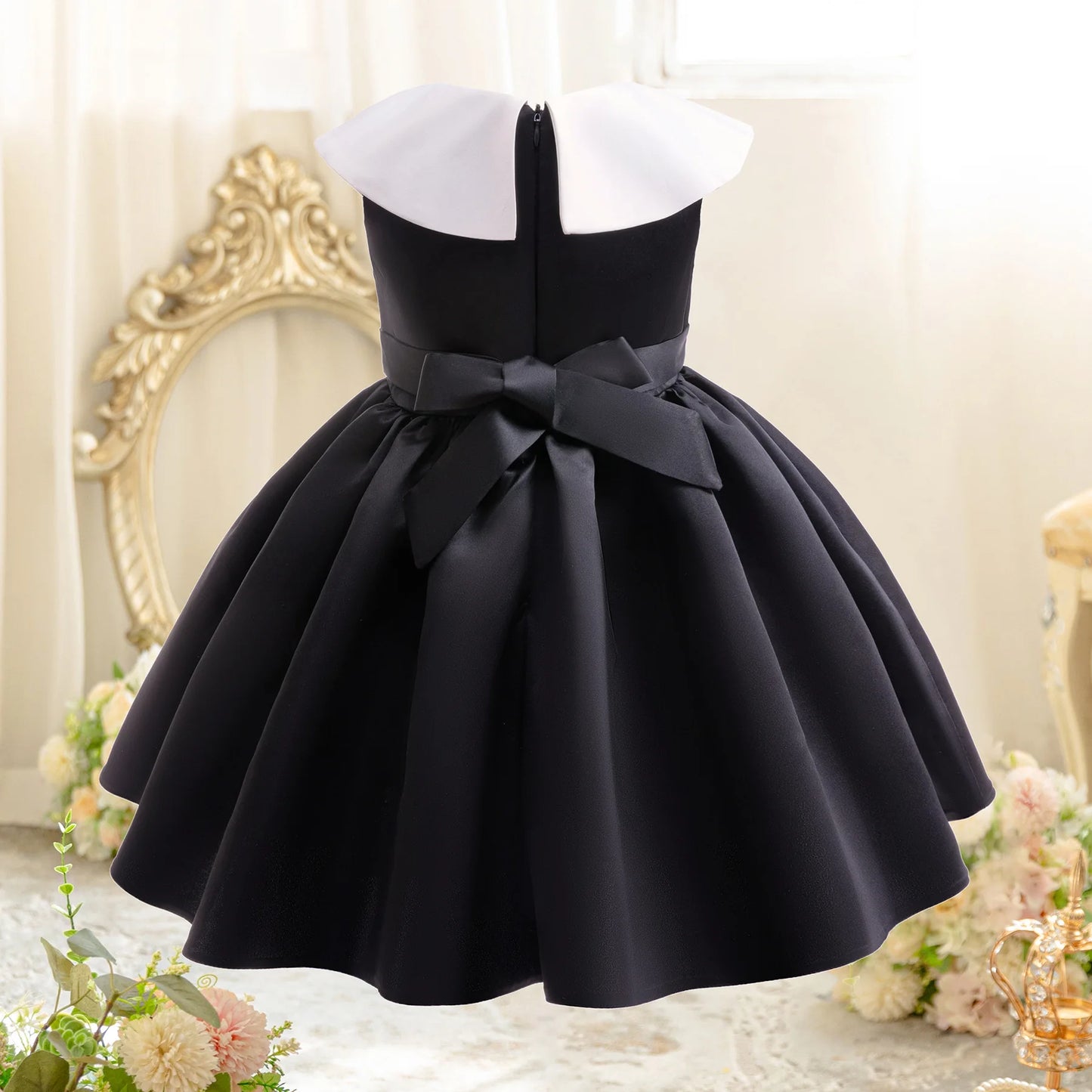 Kinder Kleider für Mädchen Vintage Schwarz Satin Prinzessin Kleid für Kinder Konzert Performance Hochzeit Geburtstag Zeremonie Abendkleid.