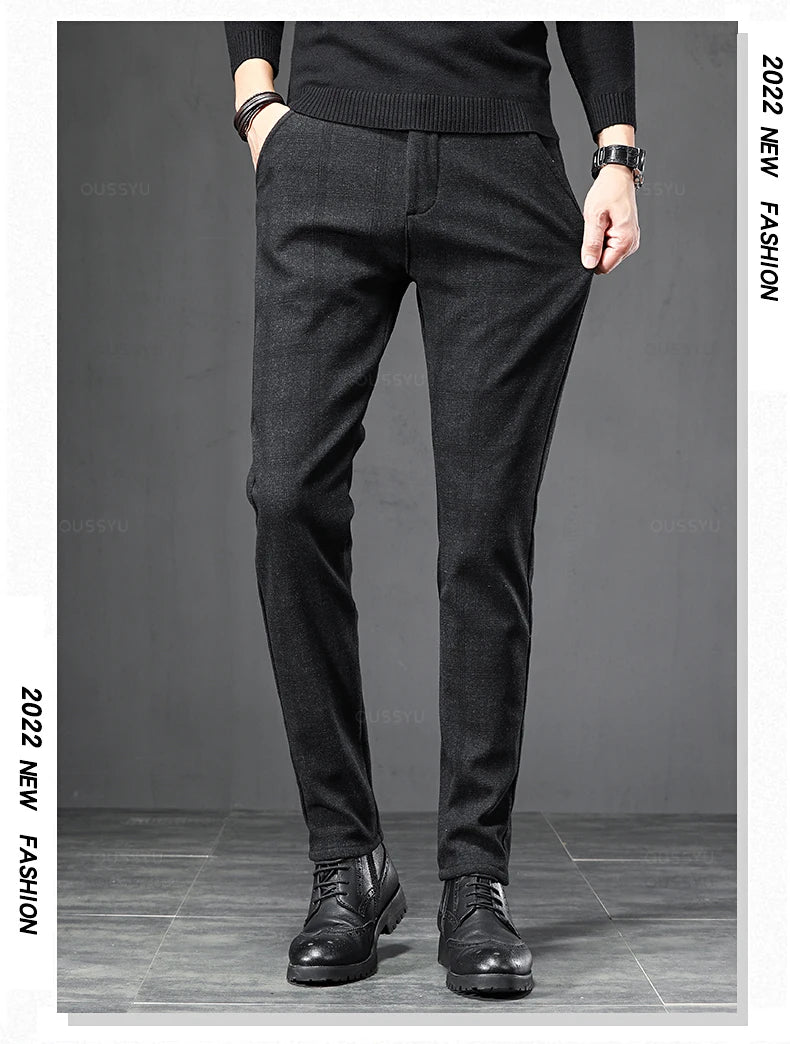 2025 New Spring Autumn England Plaid Work Stretch Pants Men Business Fashion Slim Grey Blue Casual Pant Male Brand Trousers 38.