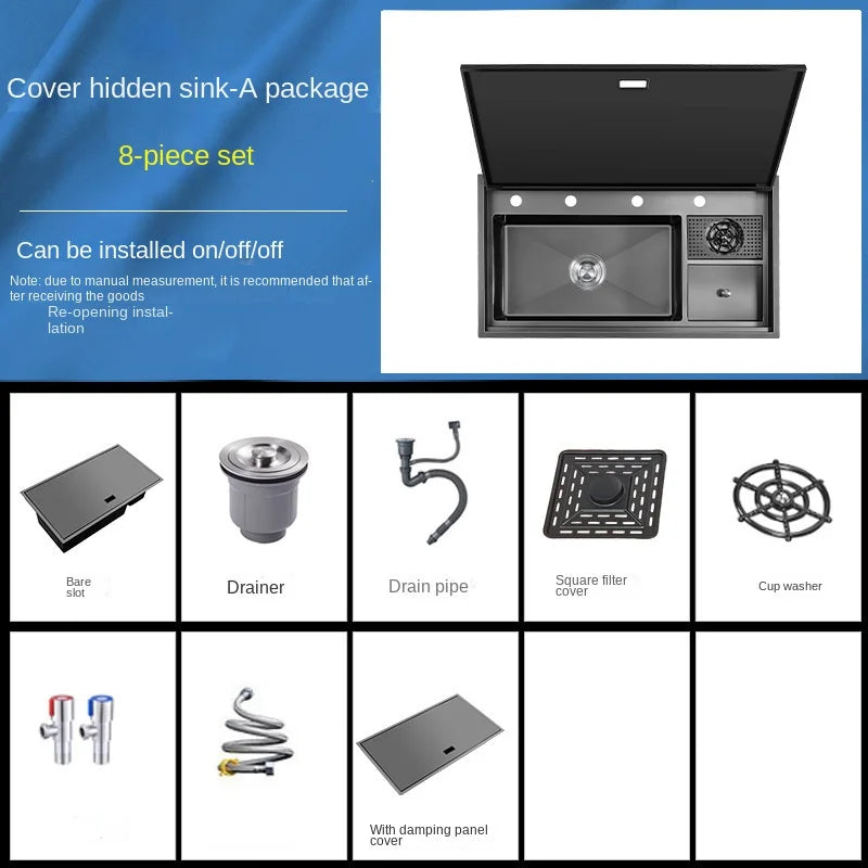 Multifunctional Nano Stainless Steel Kitchen Sink with Cover Plate, Thickened Single Basin Island Table Sink 88*51*22CM