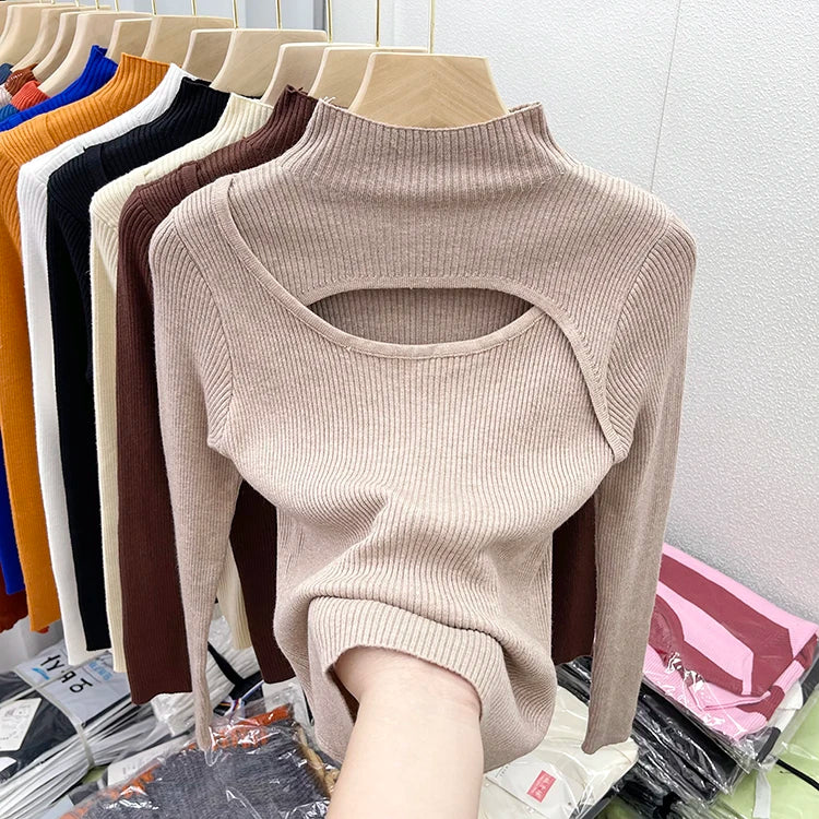 2025 weibliche Casual Pullover Herbst Winter Sexy Aushöhlen Frauen Pullover Schlank Vintage Jumper Weiche Warme Pull Gestrickte Pullover Tops