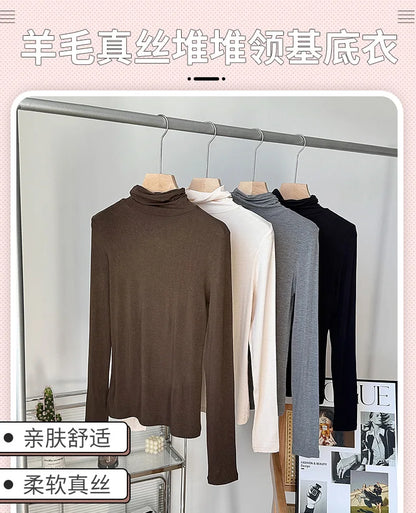 Yuyue Women's High-necked High Strecth Bottoming Shirt Old Money Style Silk Pile Collar Base Top Contain Mulberry Silk and Wool.