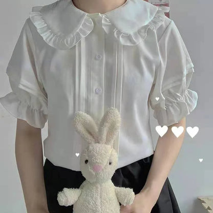 Shirts Women Japanese Style Pure Slim Summer Kawaii Schoolgirl Jk Daily Blusas Short Sleeve Casual Preppy Mujer Peter Pan Collar.