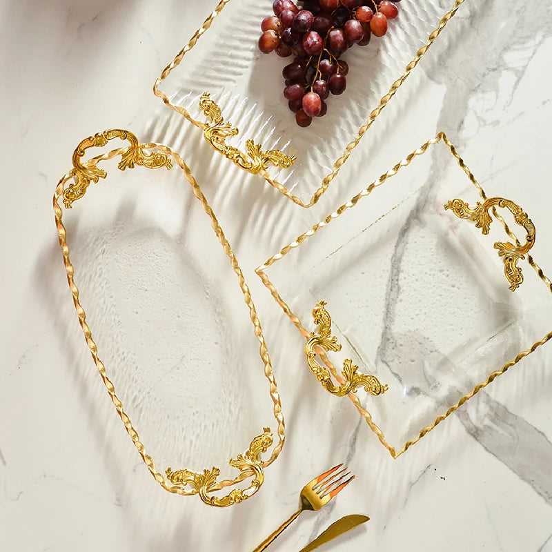 Gold-rimmed Glass Plates, Luxury Fruit Plates, Snacks, Cakes, Snacks, Bread Tray, Binaural Glass Plates, Rectangular Trays.